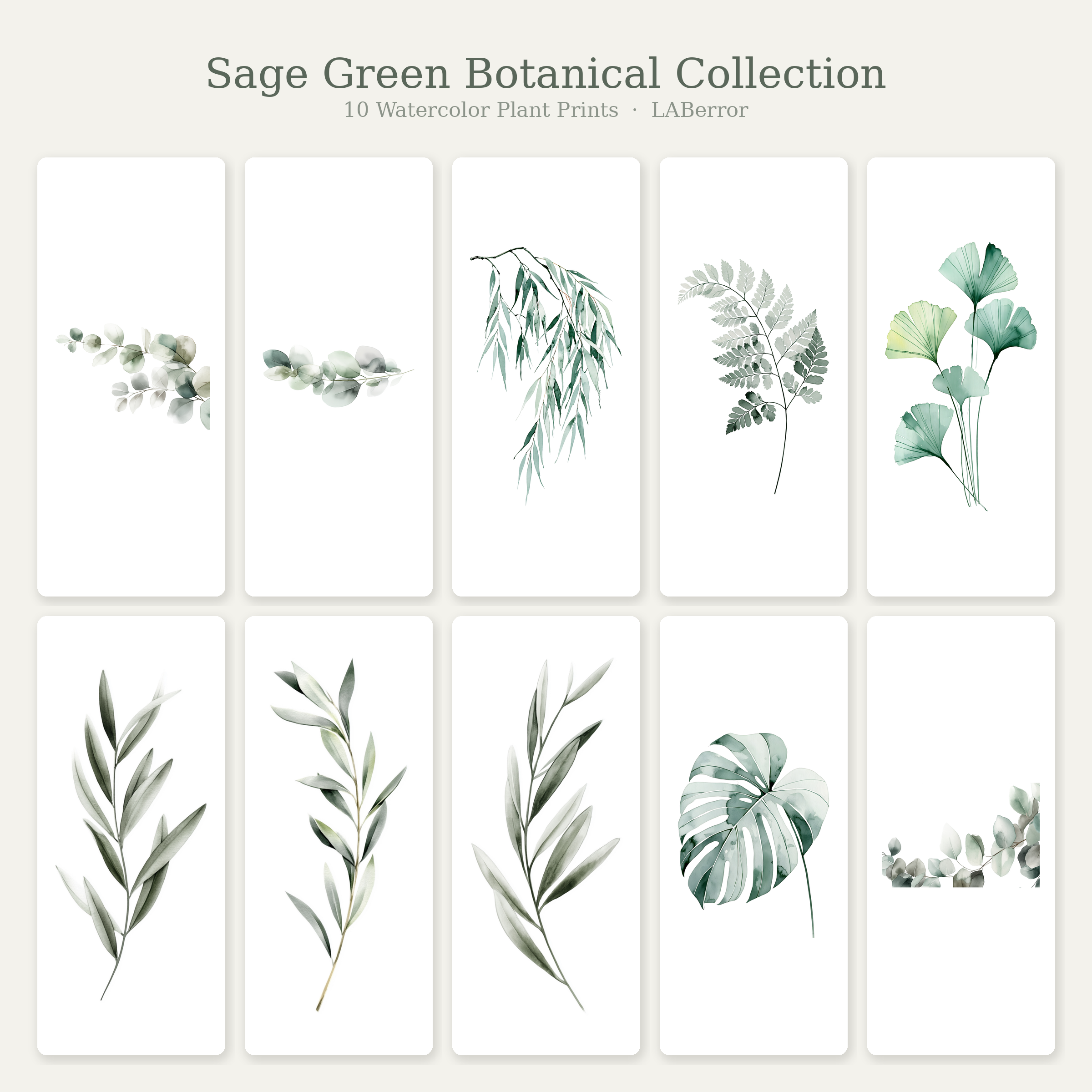 Sage Green Botanical Collection | 10 Watercolor Plant Prints | Eucalyptus Olive Monstera Bundle (Digital Download)